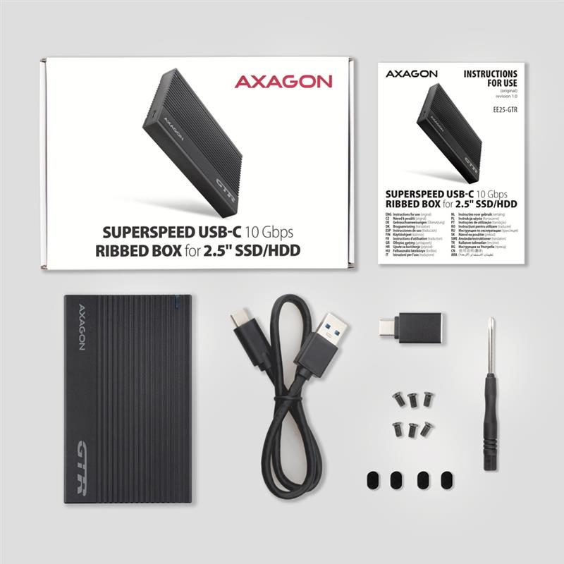 Axagon EE25-GTR USB-C 3.2 Gen 2 - SATA 6G 2.5\"" externes Festplattengehäuse geriffelt HDD-/SSD-behuizing Zwart 2.5""