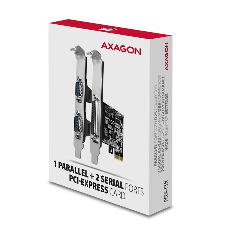 Axagon PCEA-PSN PCIe-Adapter mit 1x Parallel-+ 2x Seriell-Ports - ASIX AX99100 interfacekaart/-adapter Intern Parallel, RS-232