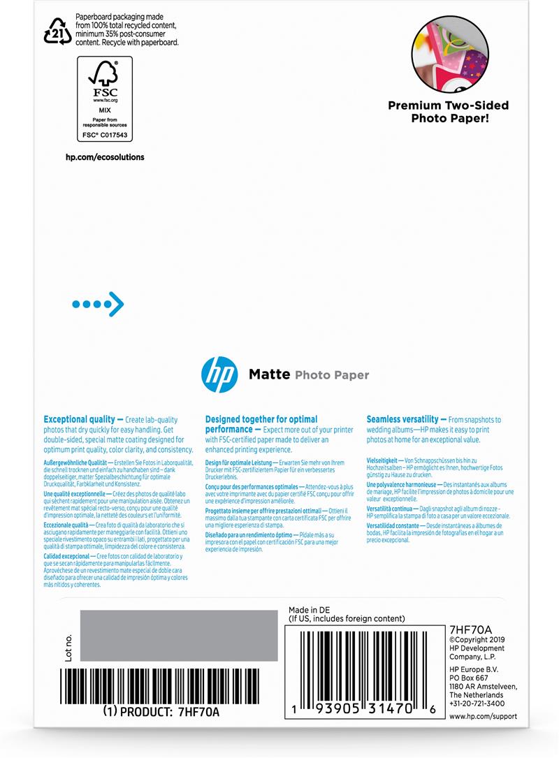 HP 7HF70A pak fotopapier Wit Mat