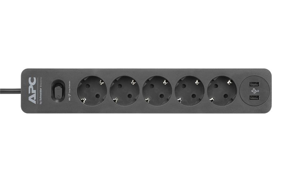 APC PME5U2B-GR stekkerdoos met overspanningsbeveiliging 5x stopcontact + 2x USB Surge lader