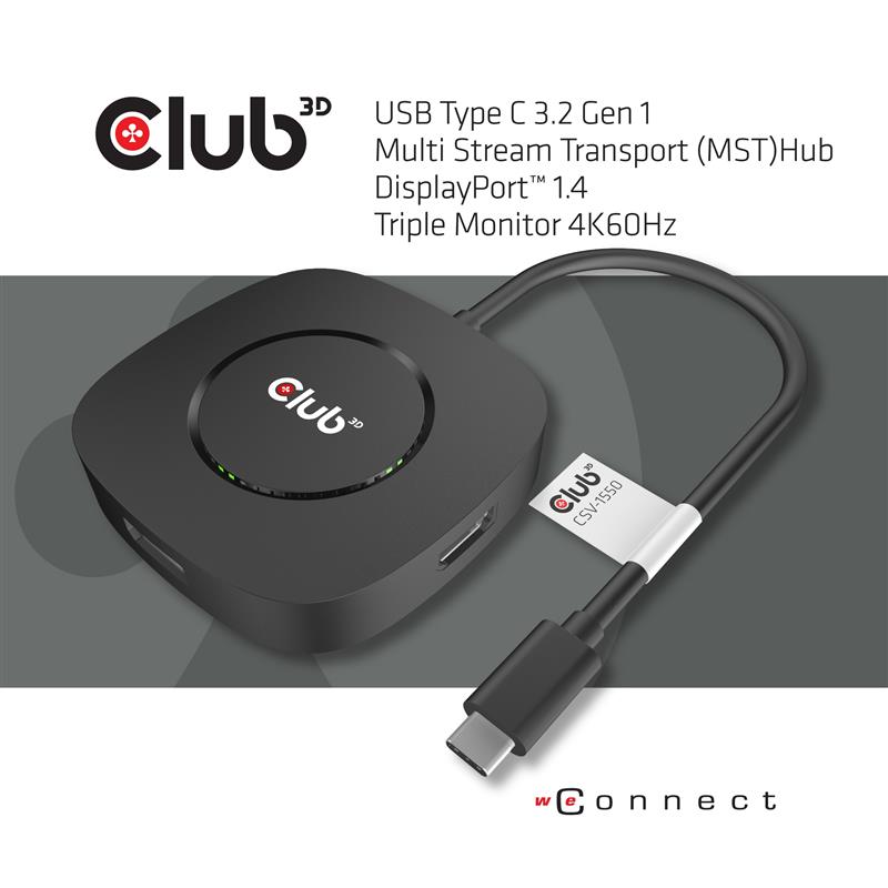 CLUB3D USB TYPE C 3.2 GEN1 MULTISTREAM TRANSPORT MST HUB DISPLAY PORT 1.4 TRIPLE MONITOR DisplayPort male Displayport female Zwart