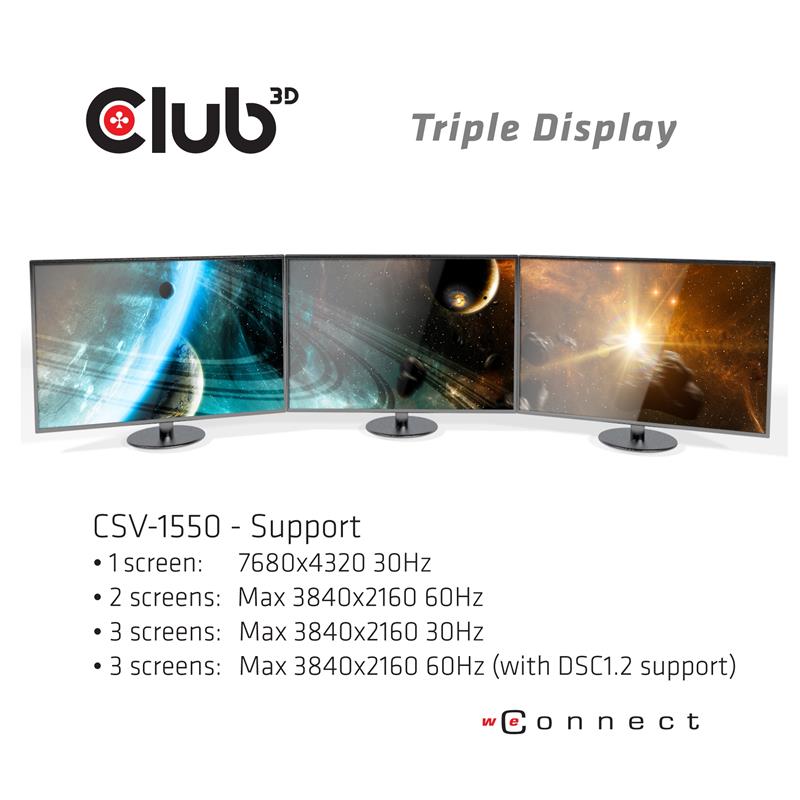 CLUB3D USB TYPE C 3.2 GEN1 MULTISTREAM TRANSPORT MST HUB DISPLAY PORT 1.4 TRIPLE MONITOR DisplayPort male Displayport female Zwart