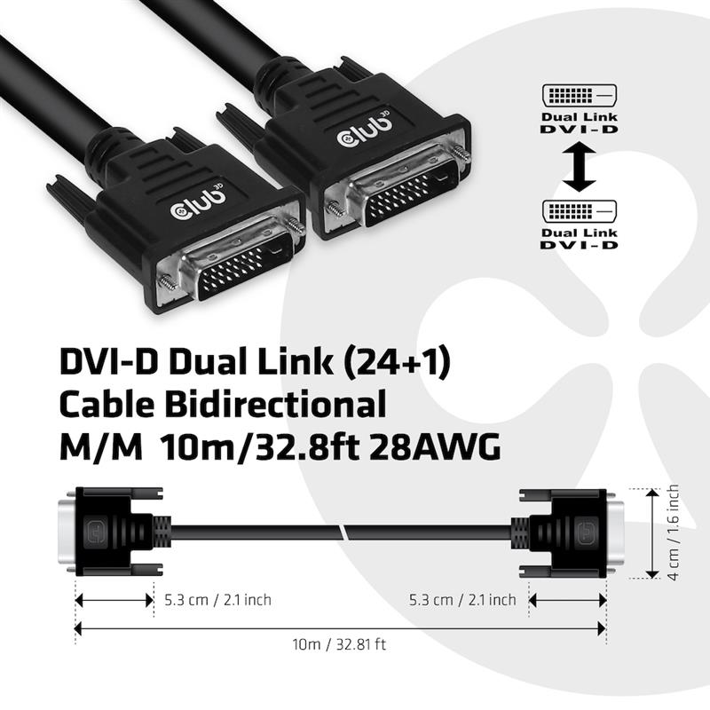 CLUB3D DVI-D Dual Link (24+1) Cable Bidirectional M/M 10m/