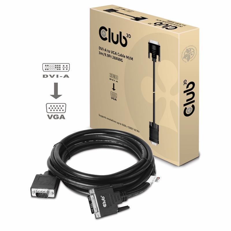 CLUB3D DVI-A TO VGA CABLE M/M 3m/ 9.8ft 28 AWG DVI-D Zwart