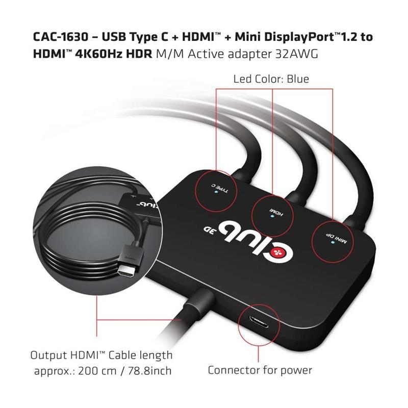 CLUB3D USB Type C + HDMI™ + MiniDisplayPort™ 1.2 to HDMI™ 4K60Hz HDR M/M Active Adapter 32AWG