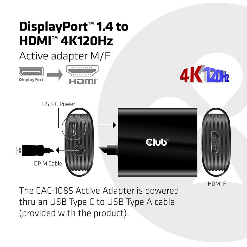CLUB3D DisplayPort 1.4 to HDMI 4K120Hz HDR Active Adapter M/F