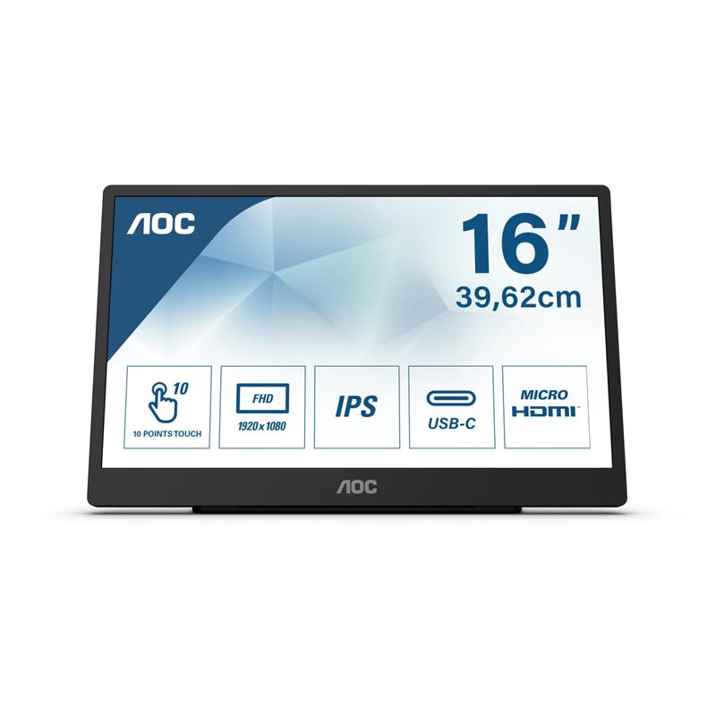 AOC 16T2 touch screen-monitor 39,6 cm (15.6"") 1920 x 1080 Pixels Multi-touch Zwart