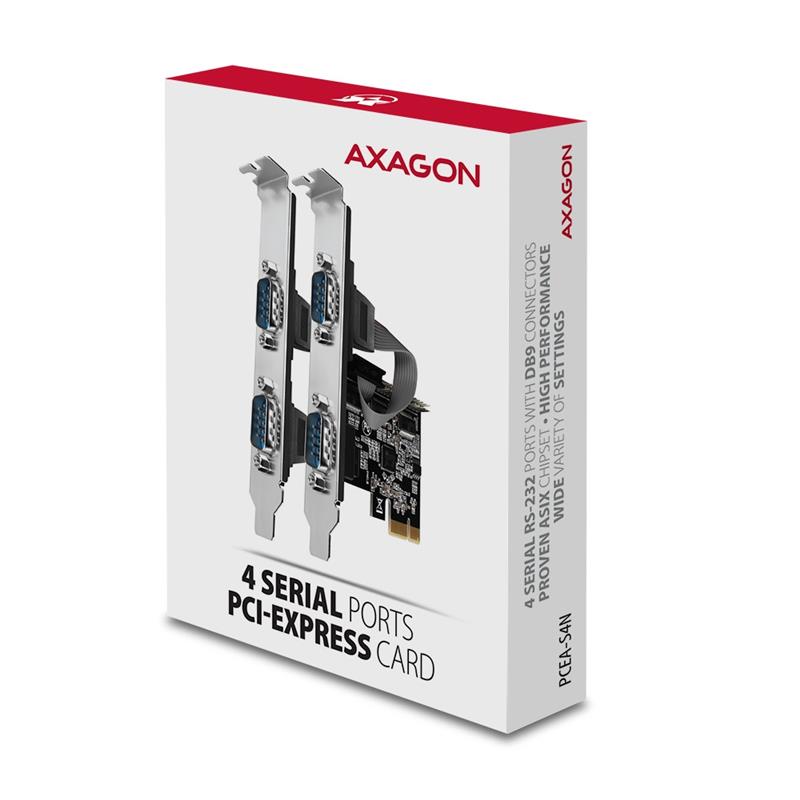 Axagon PCEA-PSN PCIe-Adapter mit 4x Seriell-Ports - ASIX AX99100 Chipsatz interfacekaart/-adapter Intern RS-232