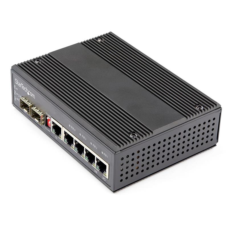 StarTech.com Industrial 6 Port Gigabit Ethernet Switch 4 PoE RJ45 +2 SFP Slots 30W PoE+ 12-48VDC 10/100/1000 Rugged Power Over Ethernet LAN Switch -40