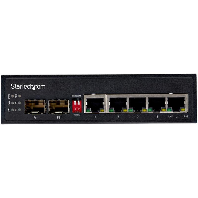 StarTech.com Industrial 6 Port Gigabit Ethernet Switch 4 PoE RJ45 +2 SFP Slots 30W PoE+ 48VDC 10/100/1000 Power Over Ethernet LAN Switch -40C to 75C m