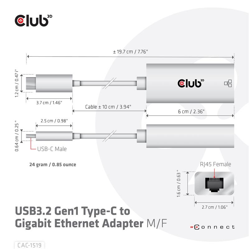 CLUB3D USB3.2 Gen1 Type-C to Gigabit Ethernet Adapter M/F