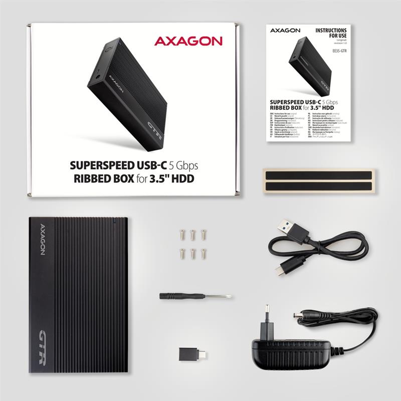 Axagon EE35-GTR USB-C 5Gbps - SATA 6G, 3.5 RIBBED box BLACK - USB Typ C HDD-behuizing Zwart 3.5""