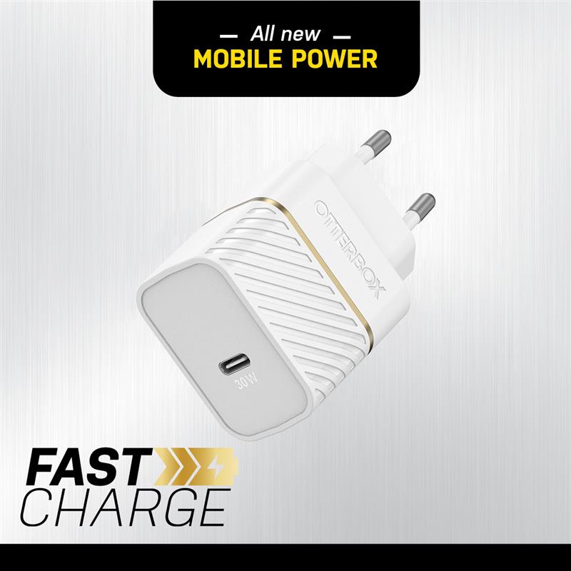 OtterBox EU Wall Charger 30W GaN - 1X USB-C 30W USB-PD, Cloud Dust White