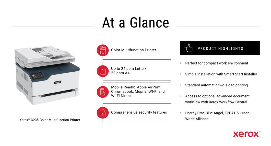 Xerox C235 A4 22ppm Wireless Duplex Copy/Print/Scan/Fax PS3 PCL5e/6 ADF 2 Trays Total 251 Sheets