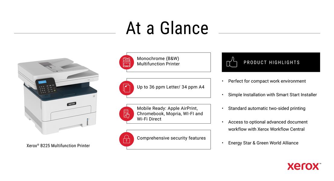 Xerox B225 A4 34 ppm draadloze dubbelzijdige printer PS3 PCL5e/6 ADF 2 laden totaal 251 vel