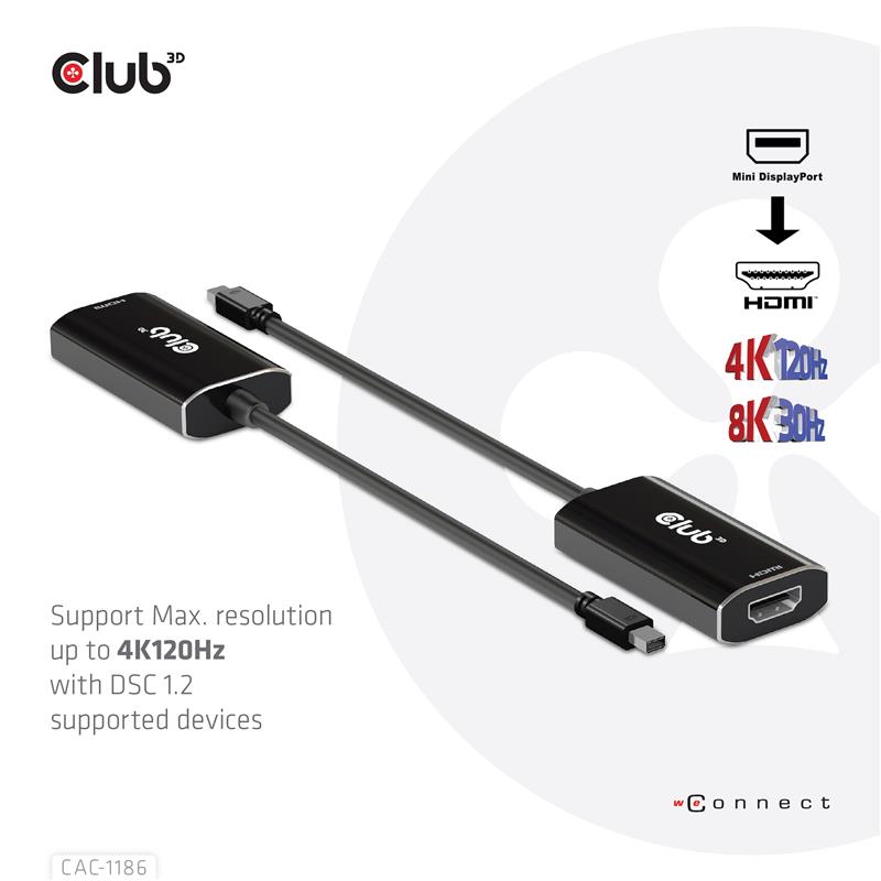 CLUB3D Mini DisplayPort 1.4 naar HDMI 4K120Hz met DSC1.2 actieve adapter M/F