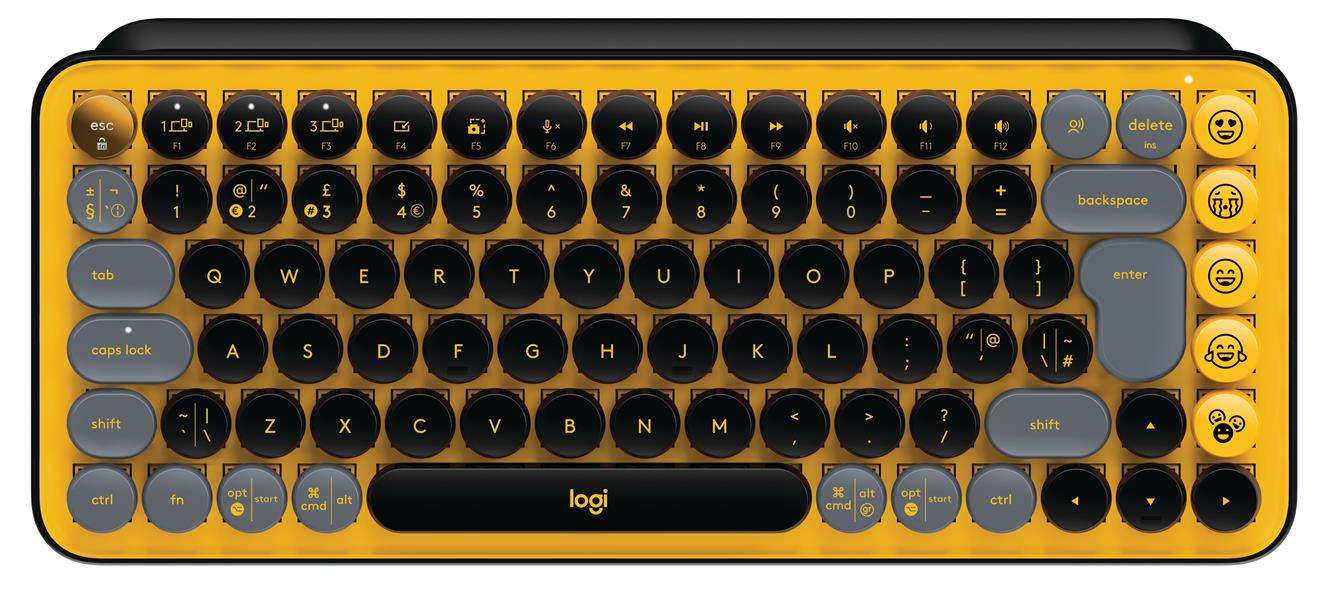 Logitech POP Keys Wireless Mechanical Keyboard With Emoji Keys toetsenbord RF-draadloos + Bluetooth AZERTY Frans Zwart, Grijs, Geel