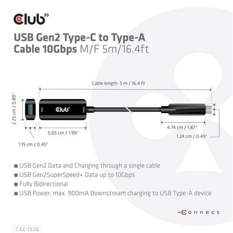 CLUB3D USB Gen2 Type-C to Type-A Cable 10Gbps M/V 5m