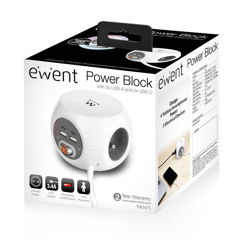 Ewent EW3975 power uitbreiding 1,5 m 3 AC-uitgang(en) Binnen Wit