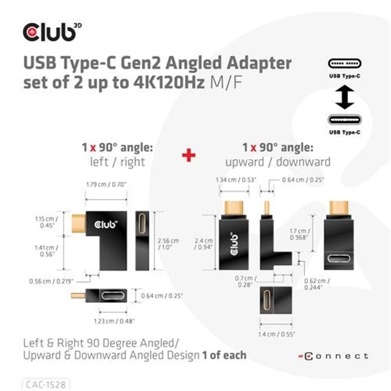CLUB3D USB Type-C Gen2 Angled Adapter set van 2 - 4K120Hz M/V