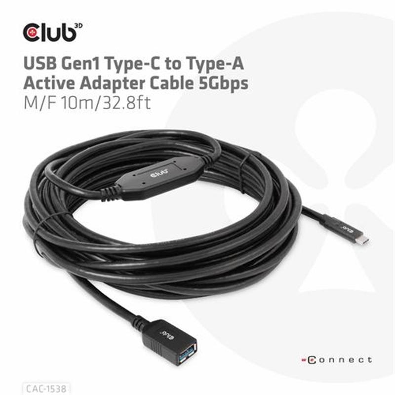 CLUB3D USB Gen1 Type-C to Type-A Active Adapter Cable 5Gbps M/F 10m/32.8ft