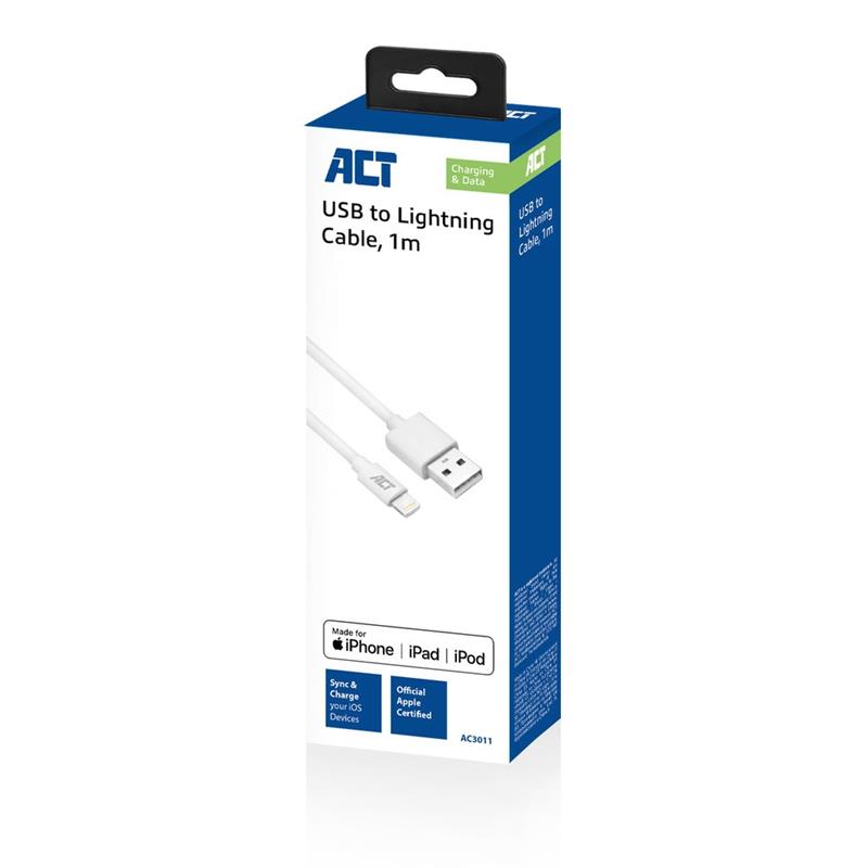 ACT AC3011 Lightning-kabel 1 m Wit