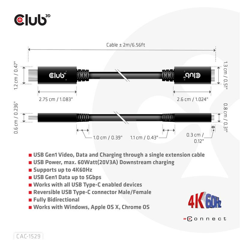 Club 3D USB C GEN1 EXT CABLE 5GBPS 4K60HZ M F 1M