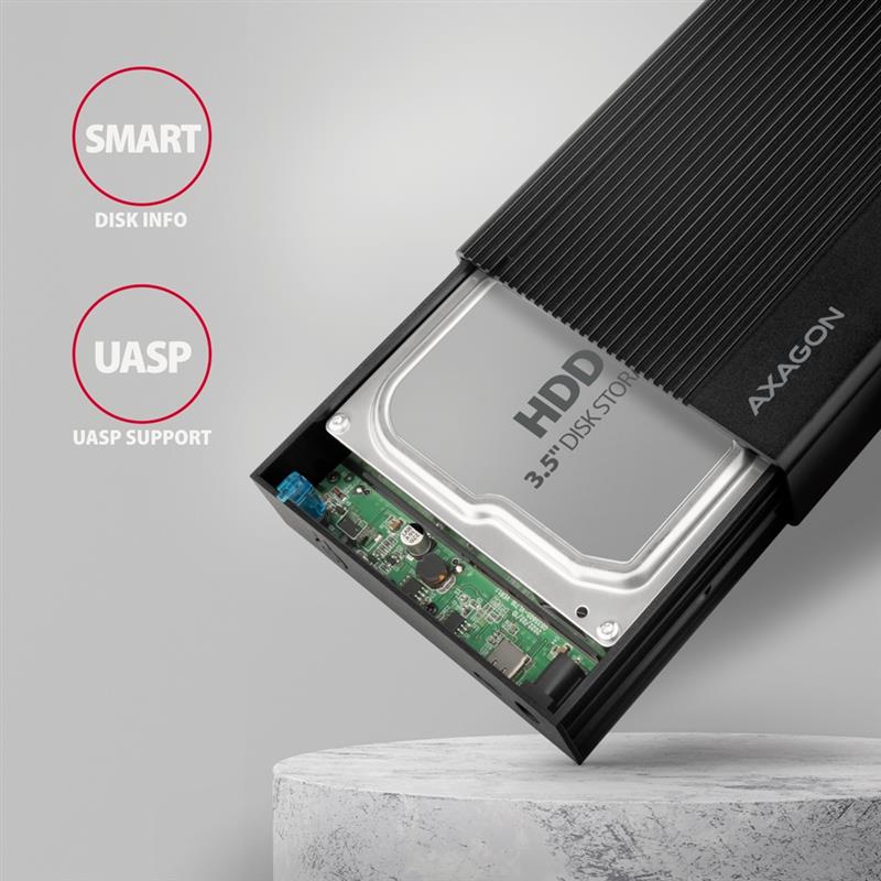 Axagon EE35-GTR USB-C 5Gbps - SATA 6G, 3.5 RIBBED box BLACK - USB Typ C HDD-behuizing Zwart 3.5""