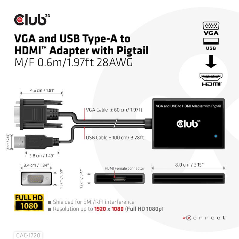 CLUB3D VGA and USB Type-A to HDMI Adapter with Pigtail M/F 0.6m/1.97ft 28AWG
