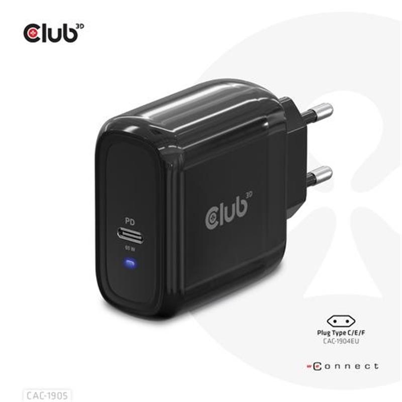 CLUB3D Travel Charger 65W GAN technology Single port USB Type-C Power Delivery PD 3 0 Support