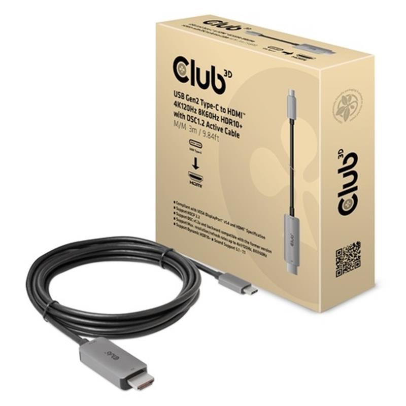 CLUB3D USB Gen2 Type-C to HDMI 4K120Hz 8K60Hz HDR10 with DSC1.2 Active Cable M/M 3m