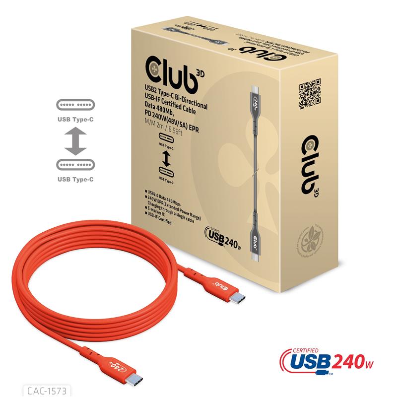 CLUB3D USB2 Type-C Bi-Directional Cable, Data 480Mb,PD 240W(48V/5A) EPR M/M 2m USB IF GECERTIFICEERD