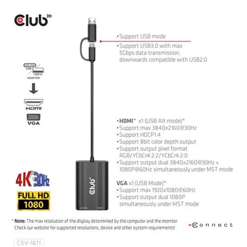 CLUB3D USB Gen1 Type-C -A to Dual HDMI 4K 30Hz VGA 1080 60Hz 
