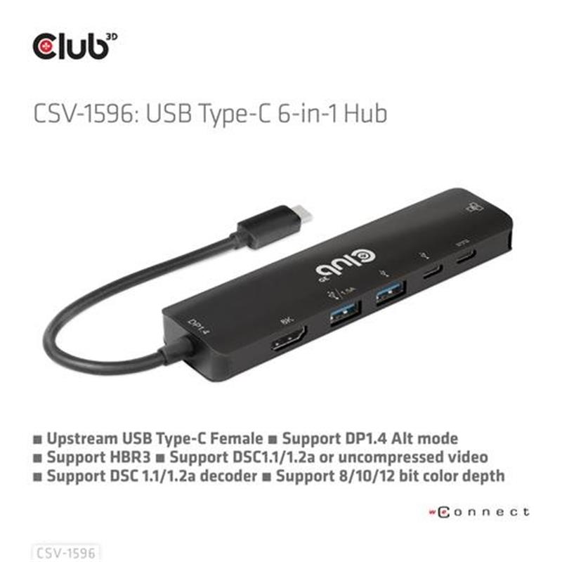 CLUB3D USB Gen1 Type-C 6-in-1 Hub with HDMI 8K30Hz 2xUSB Type-A RJ45 and 2xUSB Type-C Data and PD charging 100 watt