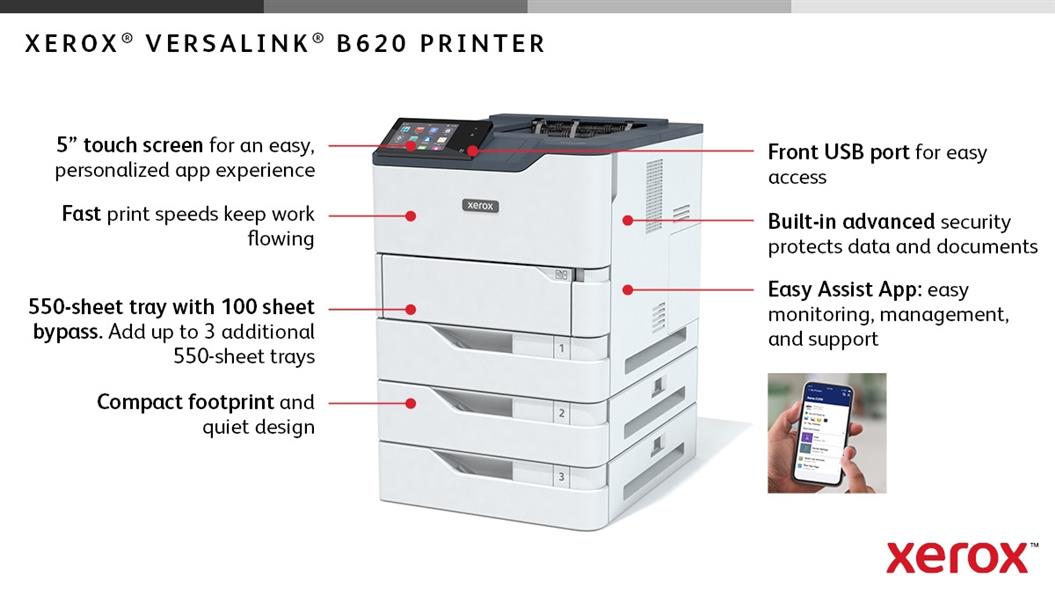 Xerox VersaLink B620 A4 61 ppm dubbelzijdige printer PS3 PCL5e/6 2 laden 650 vel