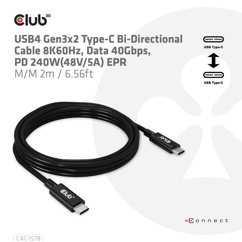 CLUB3D USB4 Gen3x2 Type-C Bi-Directional Cable 8K60Hz, Data 40Gbps, PD 240W(48V/5A) EPR M/M 2m / 6.56ft