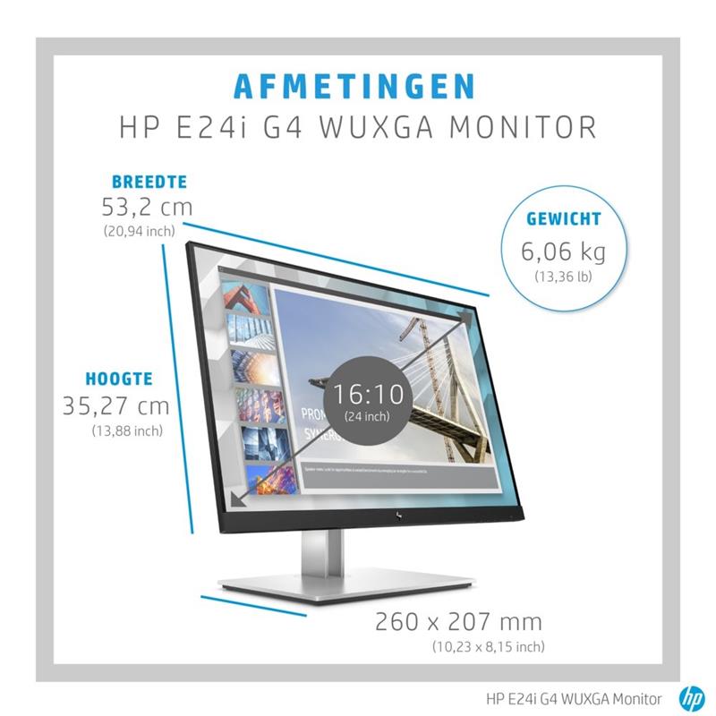 HP E-Series E24i G4 61 cm (24"") 1920 x 1200 Pixels WUXGA Zwart, Zilver