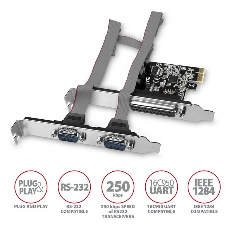 Axagon PCEA-PSN PCIe-Adapter mit 1x Parallel-+ 2x Seriell-Ports - ASIX AX99100 interfacekaart/-adapter Intern Parallel, RS-232