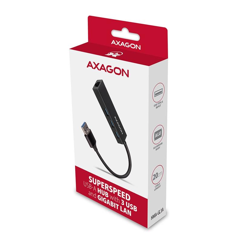 Axagon HMA-GL3A Multiport-Hub USB 3.0 Typ A Gbit-LAN 3x USB-A microSD Bedraad USB 3.2 Gen 1 (3.1 Gen 1) Type-A Zwart