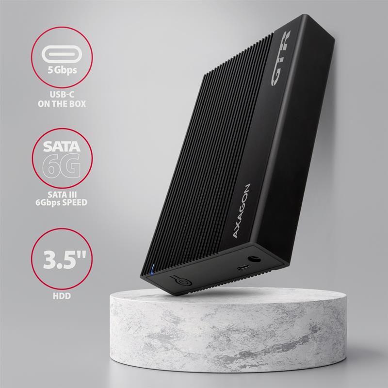 Axagon EE35-GTR USB-C 5Gbps - SATA 6G, 3.5 RIBBED box BLACK - USB Typ C HDD-behuizing Zwart 3.5""